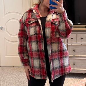 Bagatelle Red and White Plaid Teddy Jacket